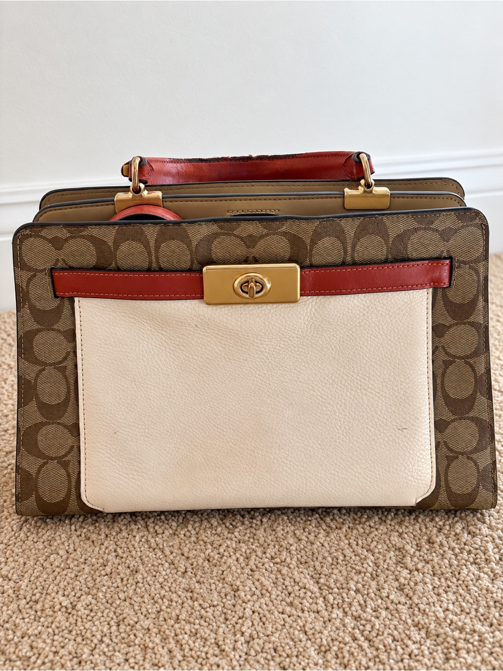 Coach Canvas Colorblock Turnlock Satchel in Brown, Cream & Red